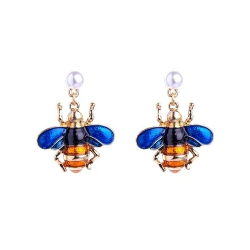 Blue Enamel Glaze Pearl Bumble Bee Gold Statement Dangle Earrings